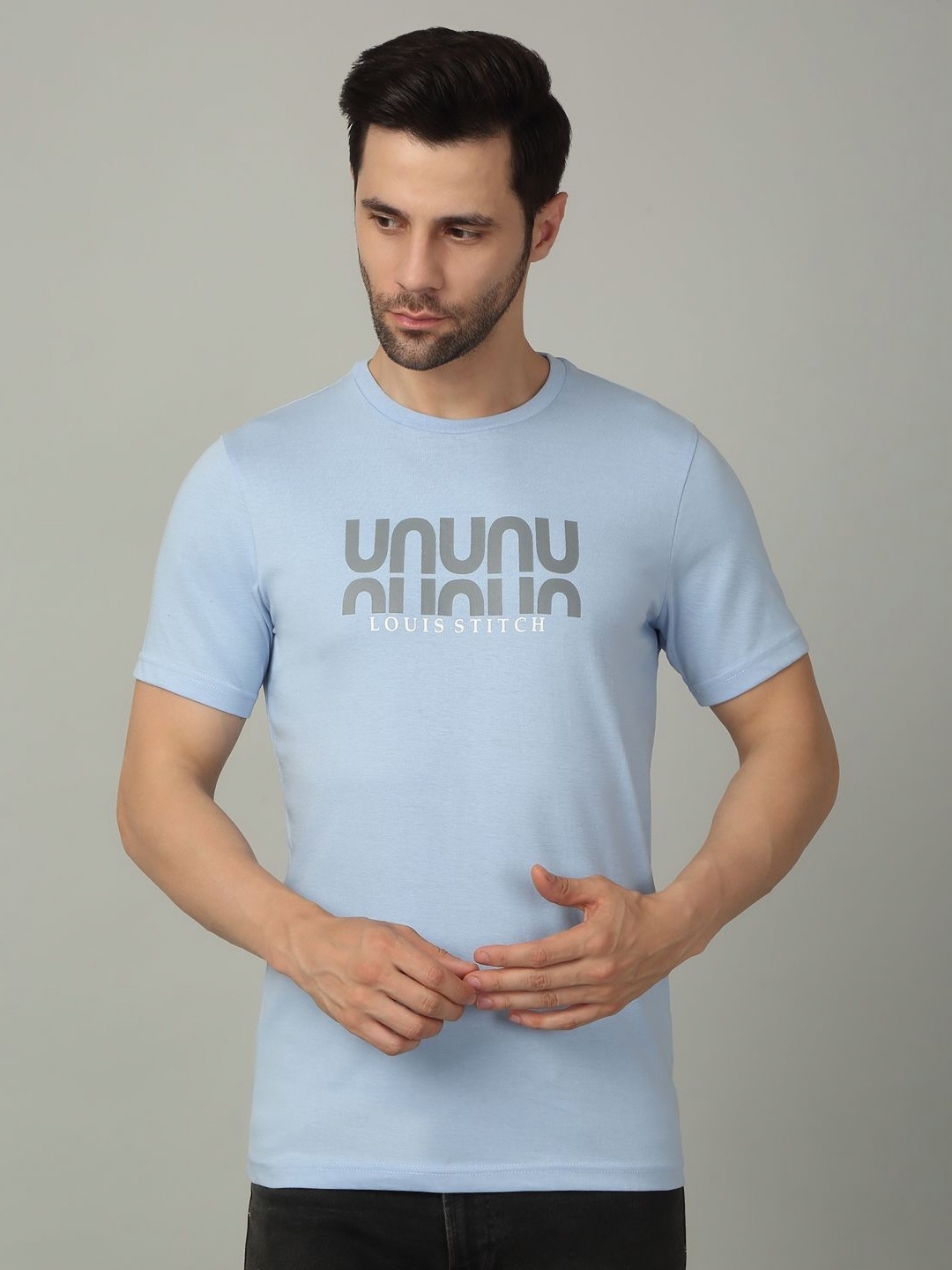 

LOUIS STITCH Men Typography Printed Round Neck Cotton T-shirt, Blue