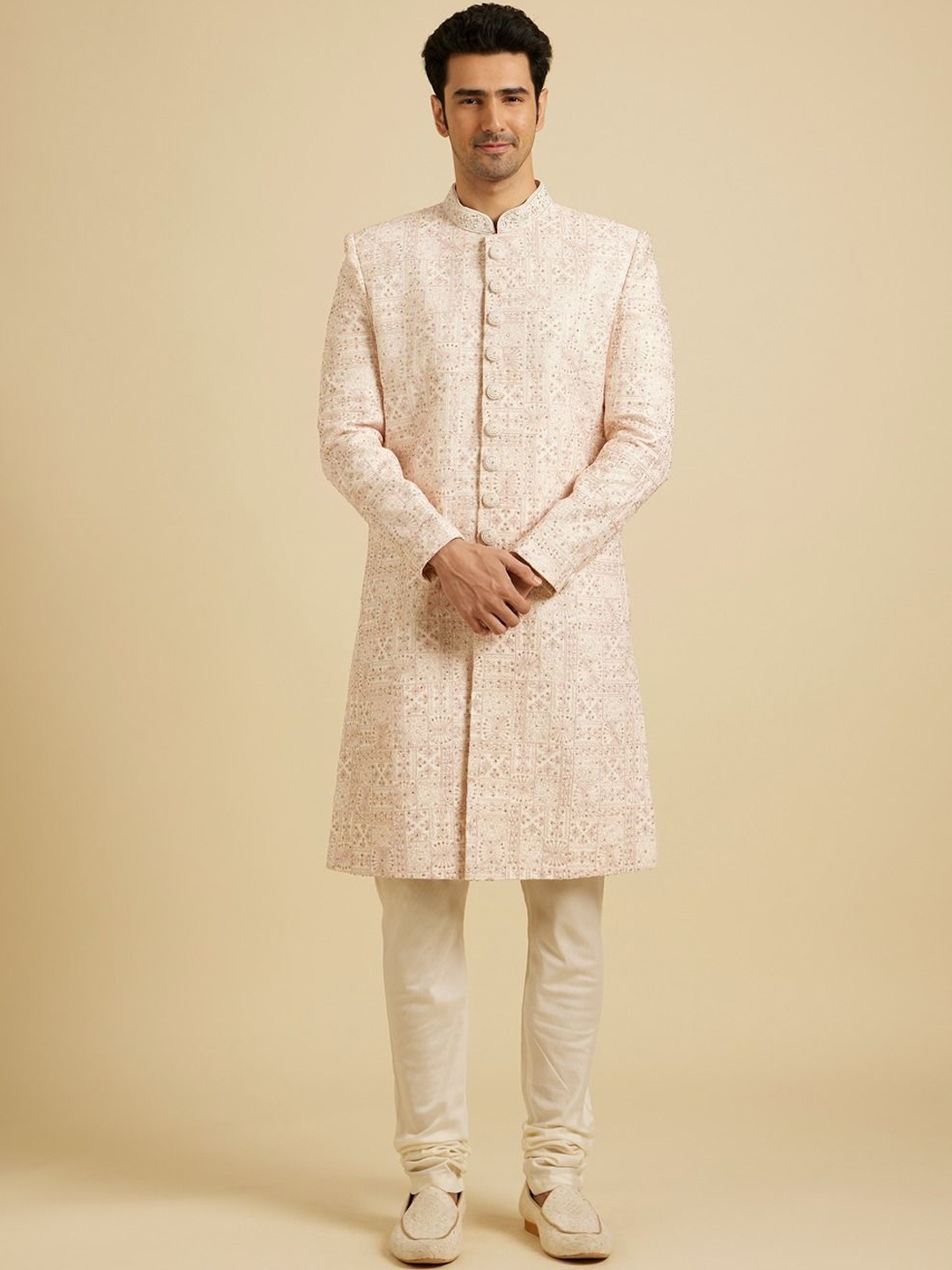 

Manyavar Men Mirror Work Embroidered Sherwani Set, Pink