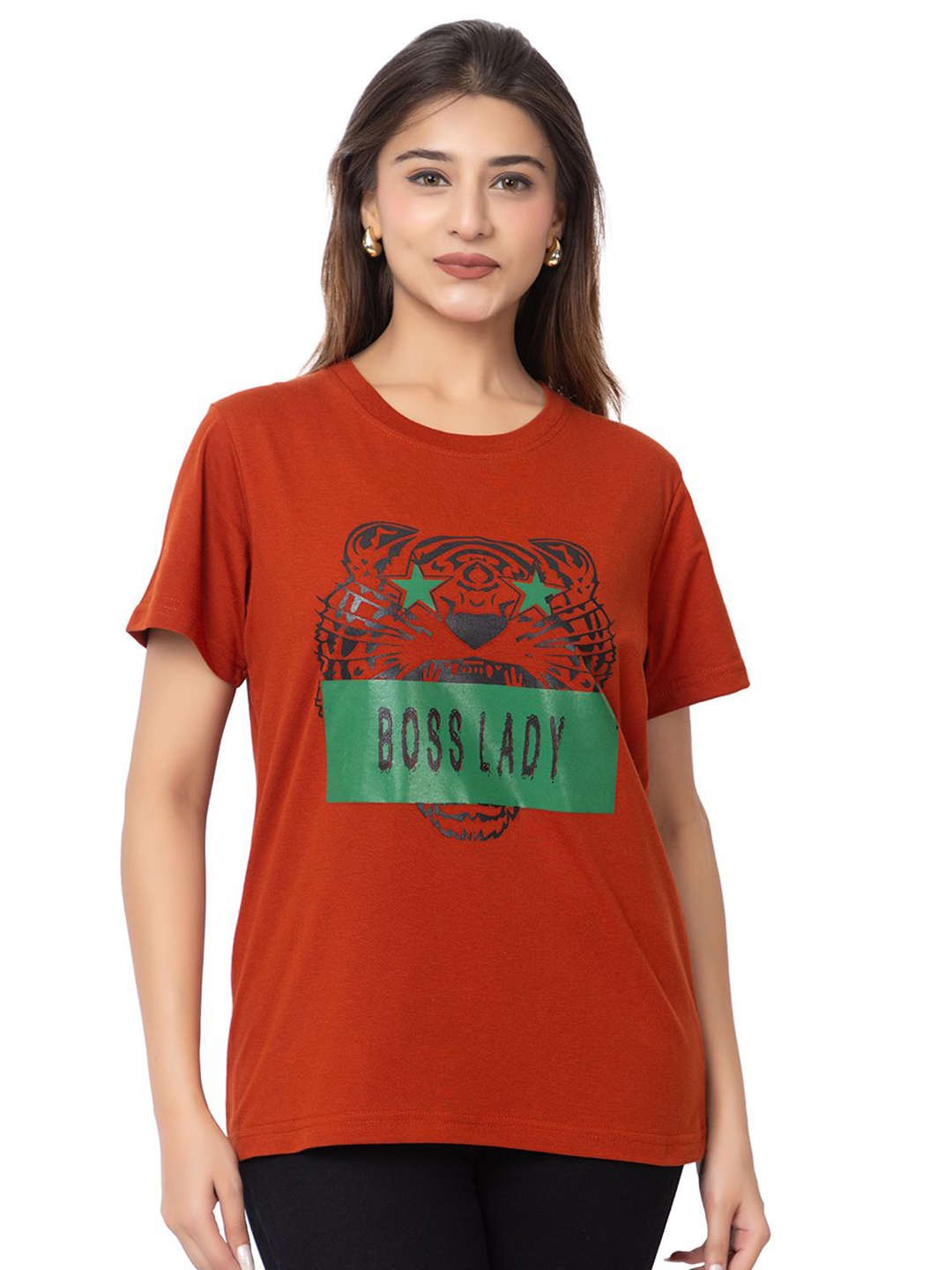 

HILFIRE REGION Women Graphic Printed Cotton T-shirt, Rust