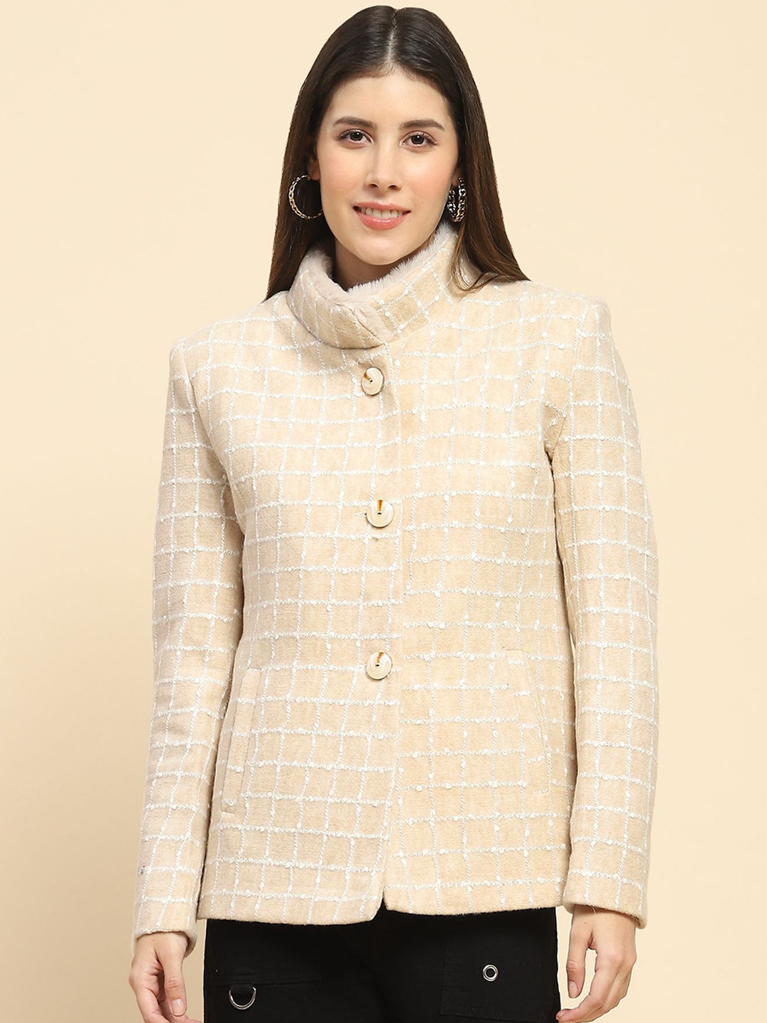 

Global Republic Women Checked Mock Collar Coat, Beige