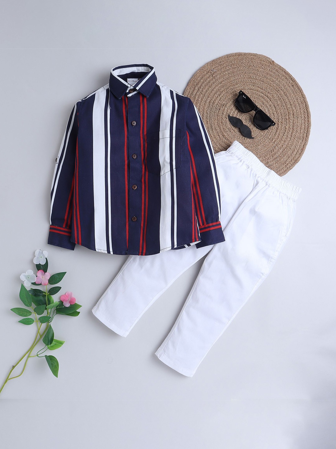 

BAATCHEET Boys Striped Printed Spread Collar Pure Cotton Casual Shirt With Trousers, Navy blue