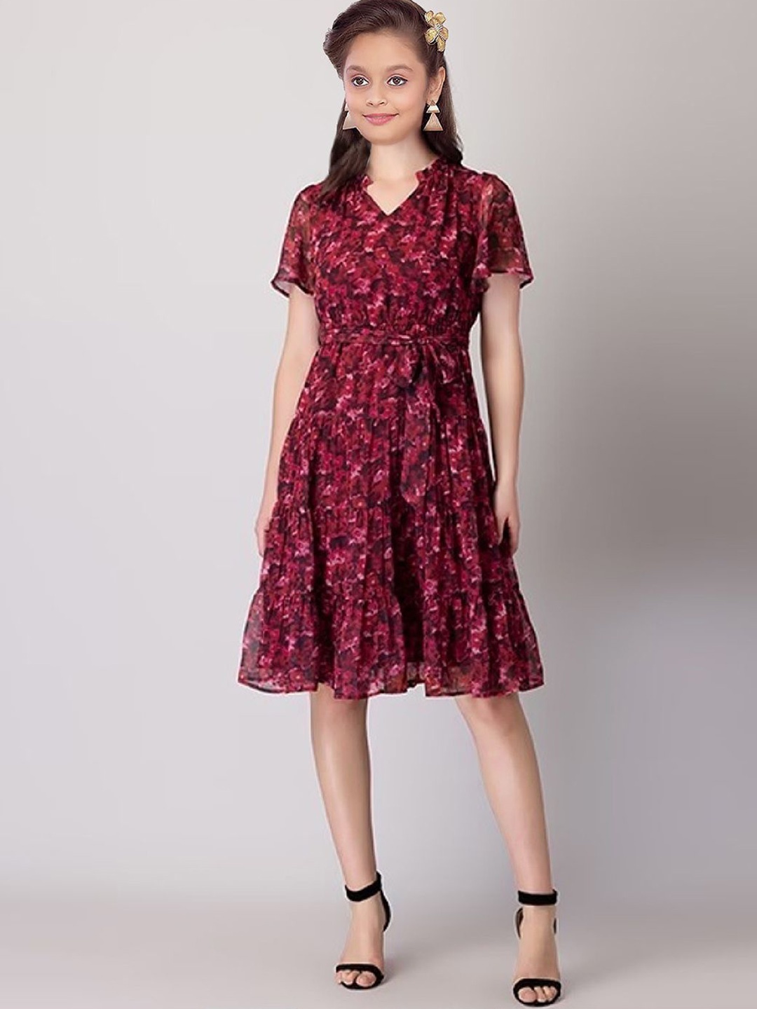 

BAESD Girls Floral Print Georgette Fit & Flare Dress, Red