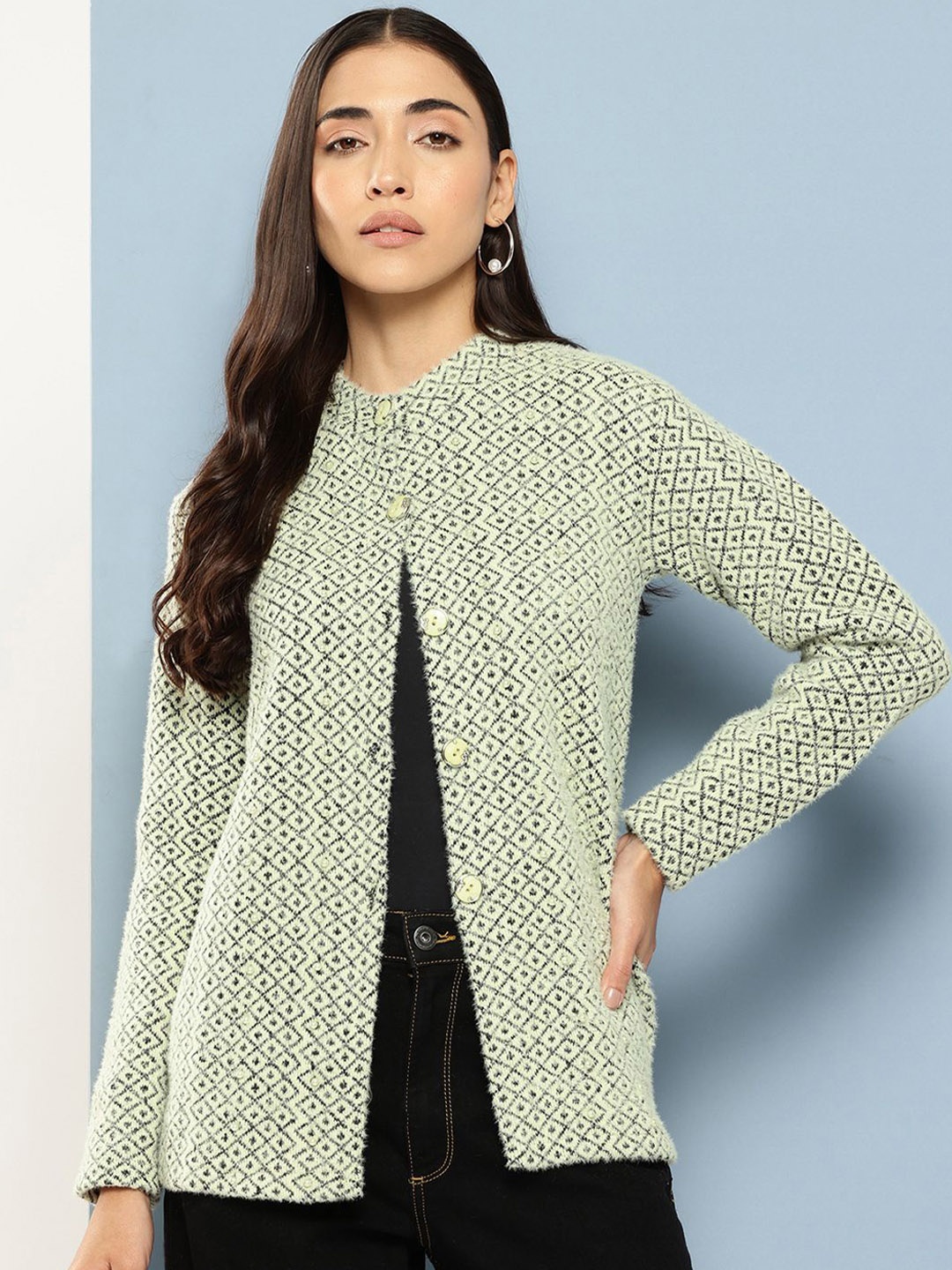 

BAESD Women Printed Woollen Cardigan Sweater, Green