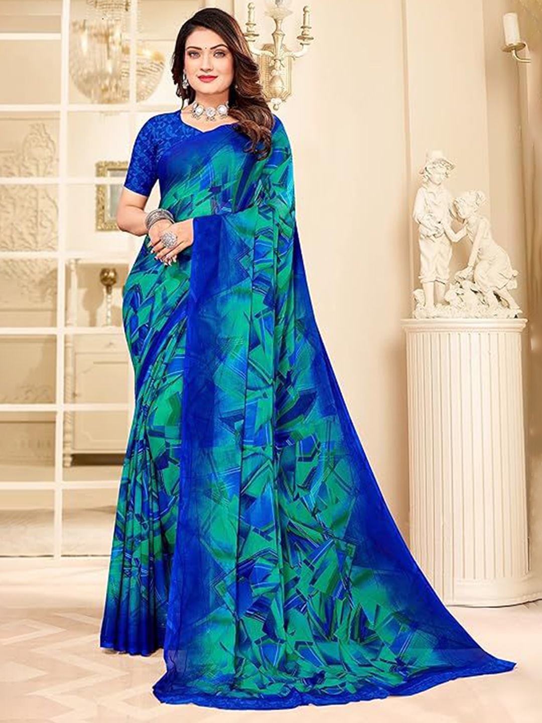 

Reboot Fashions Graphic Printed Pure Chiffon Saree, Blue