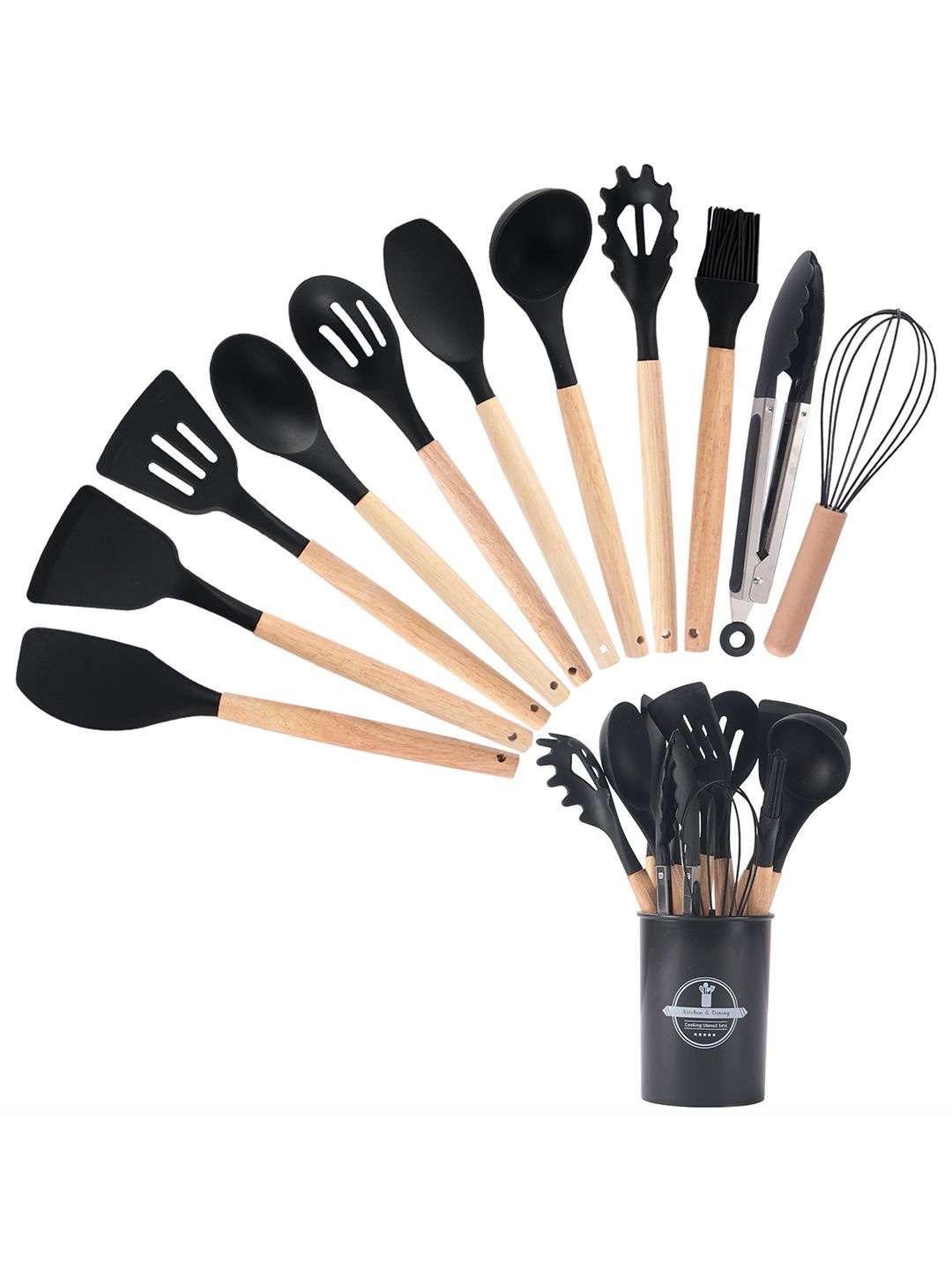 

Kuber Industries Black 12 Pcs (with Holder) Silicone Nonstick Spatula Set