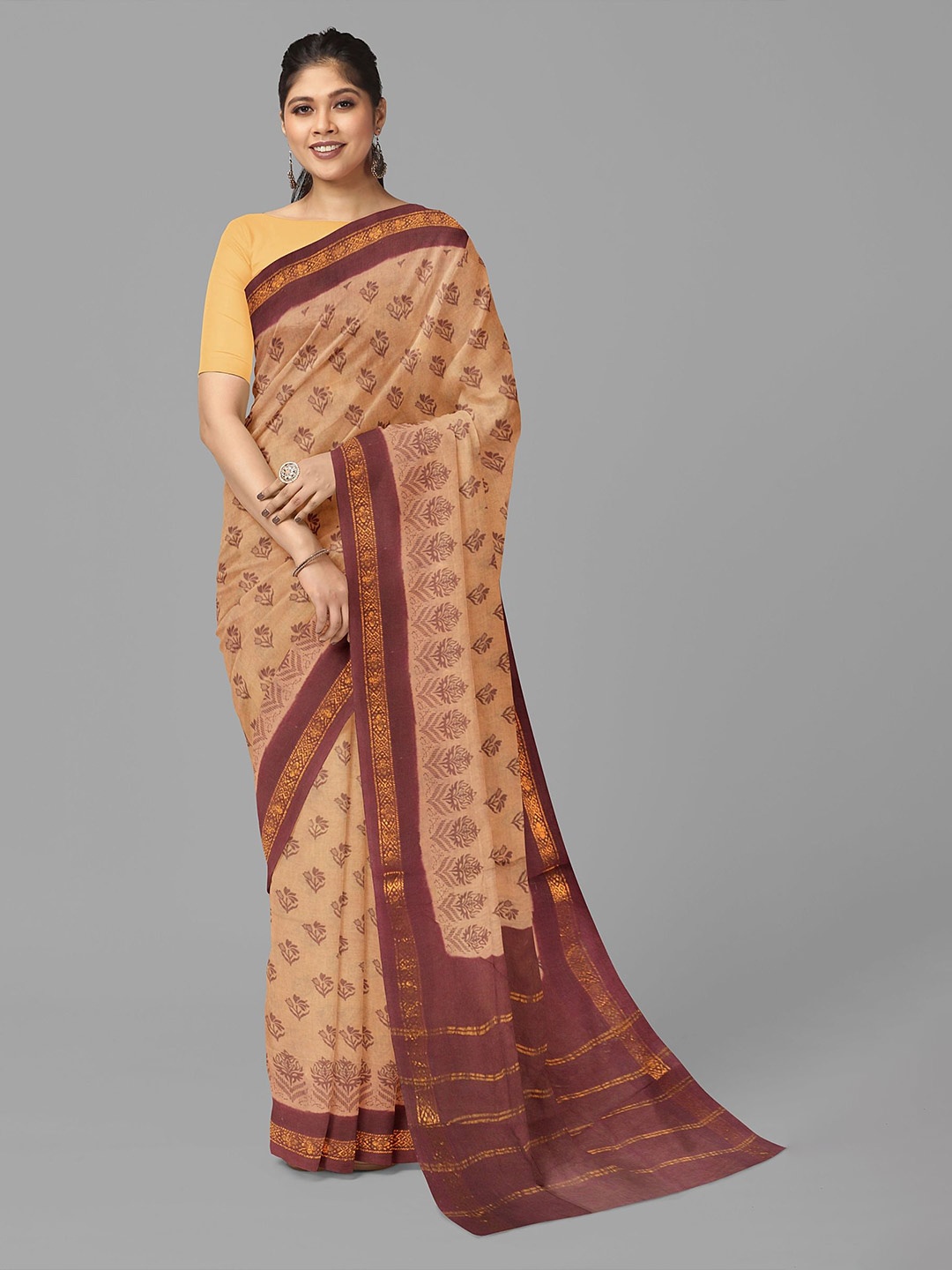 

The Chennai Silks Floral Printed Pure Cotton Sungudi Saree, Brown