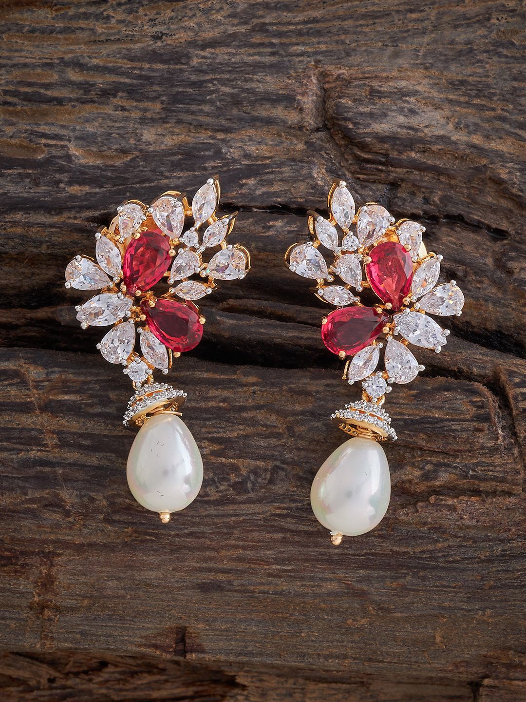 

Kushal's Fashion Jewellery Gold Plated Zircon Studded Floral Shaped Drop Earrings, Red