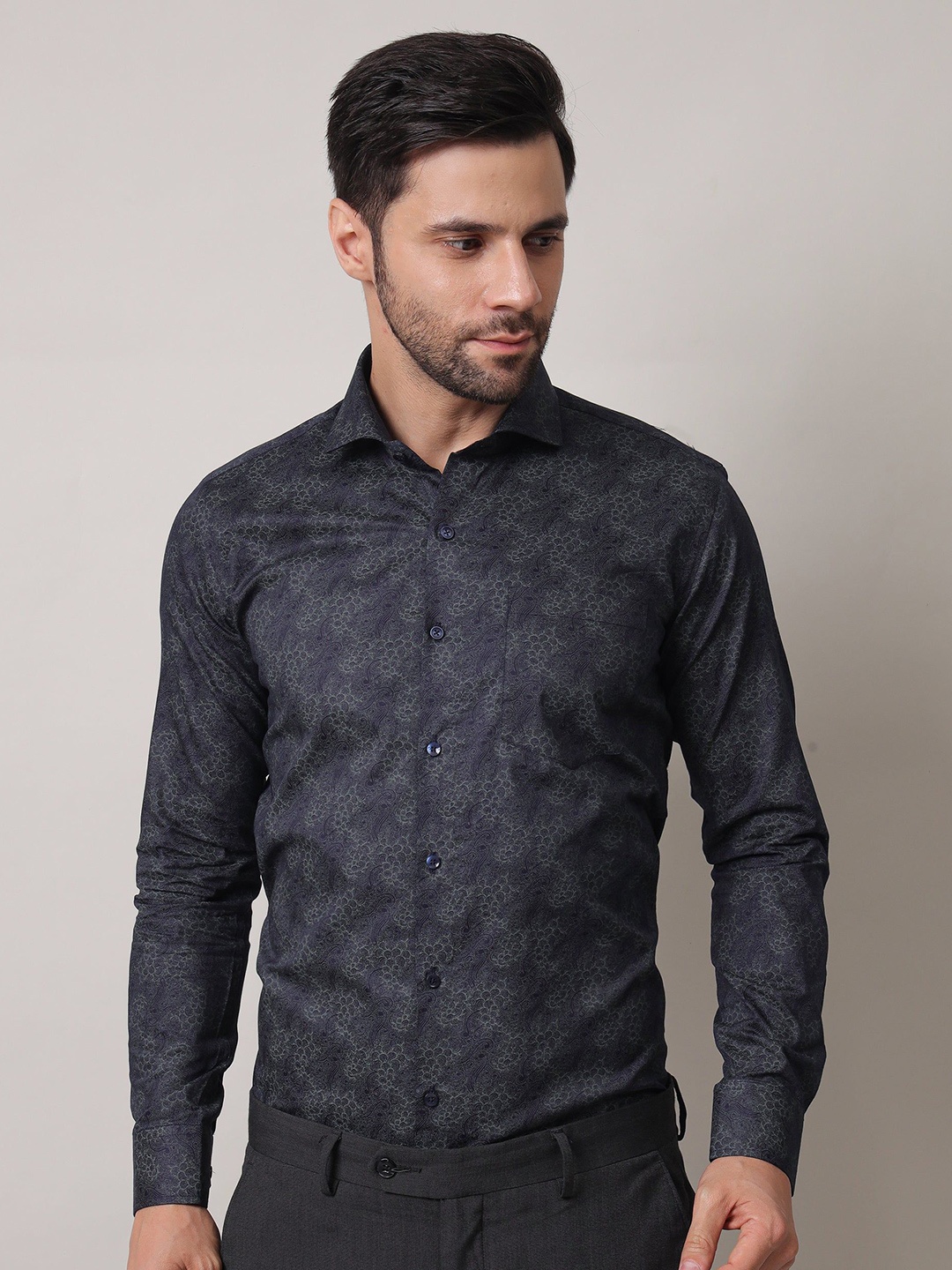 

John Philips Men India Slim Spread Collar Abstract Printed Cotton Formal Shirt, Charcoal