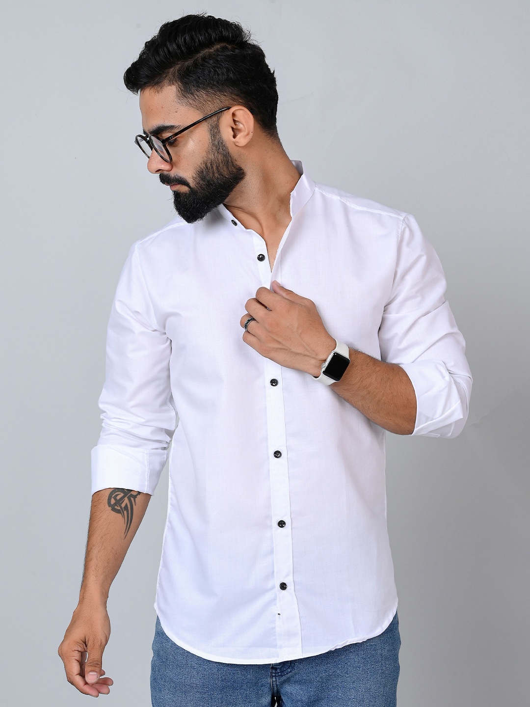 

Tanip Men Mandarin Collar Solid Cotton Casual Shirt, White