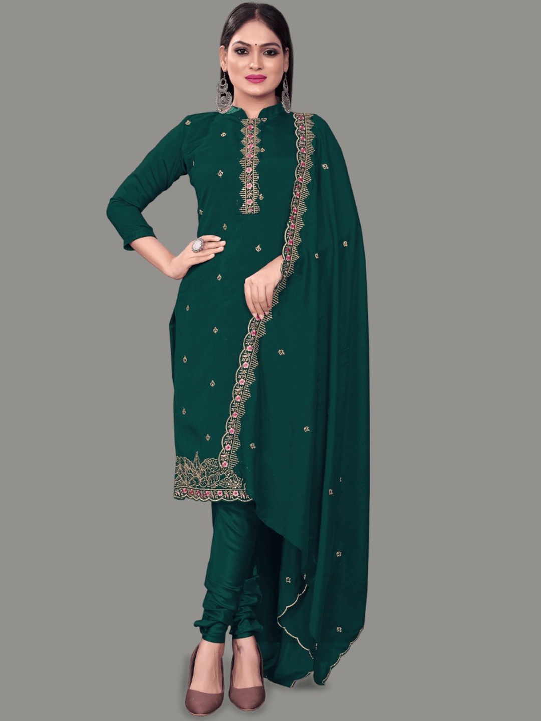 

APNISHA Floral Embroidered Pure Silk Unstitched Dress Material, Teal