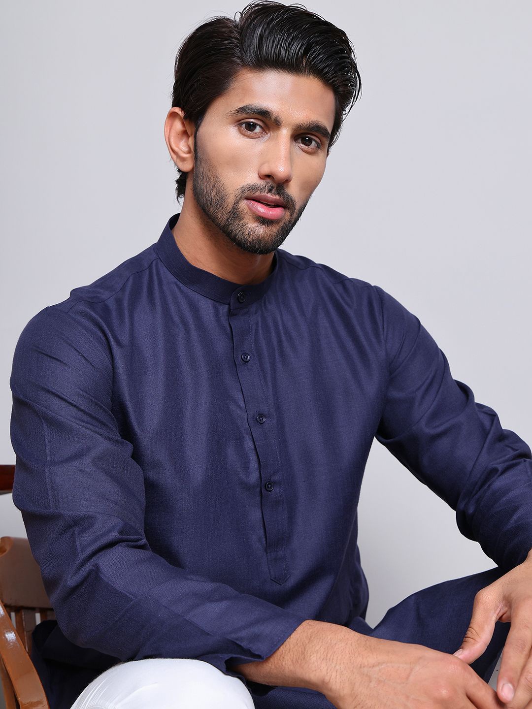 

Jompers Band Collar Straight Kurta, Navy blue