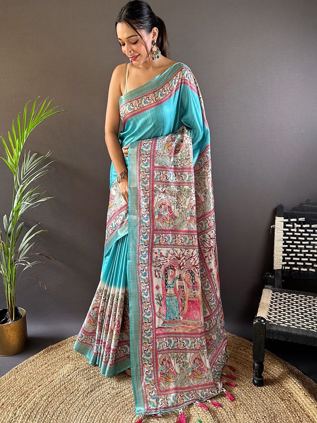

Mitera Ethnic Motifs Tussar Saree, Sea green