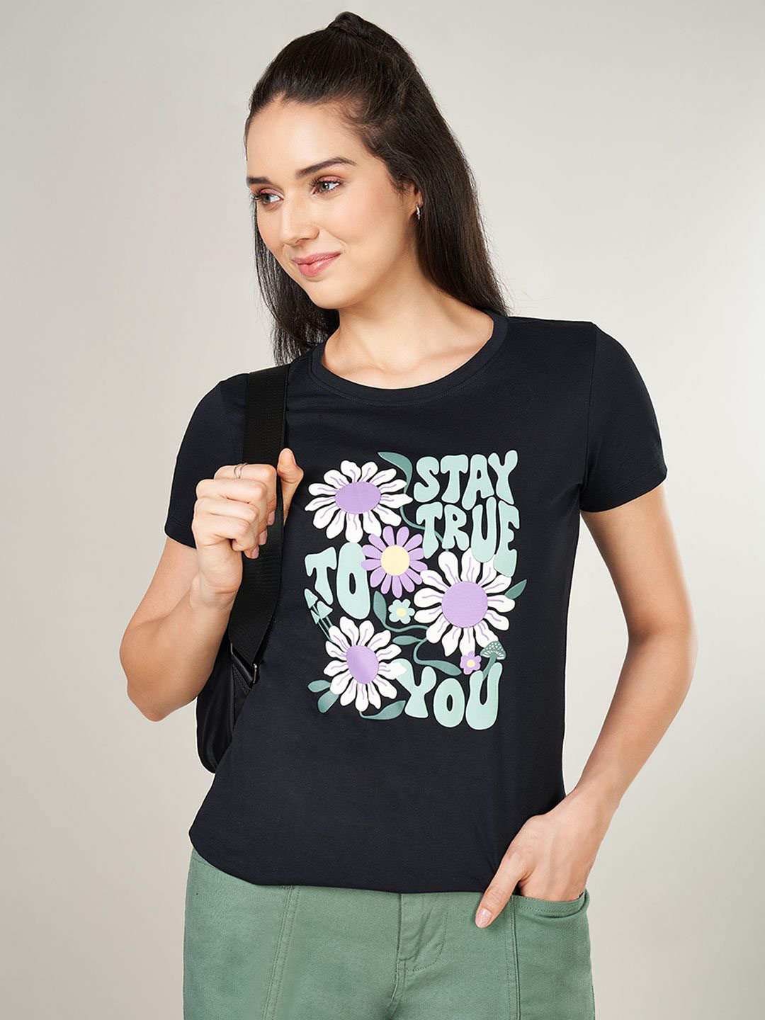 

Honey by Pantaloons Women Floral Printed Round Neck Cotton Top, Black