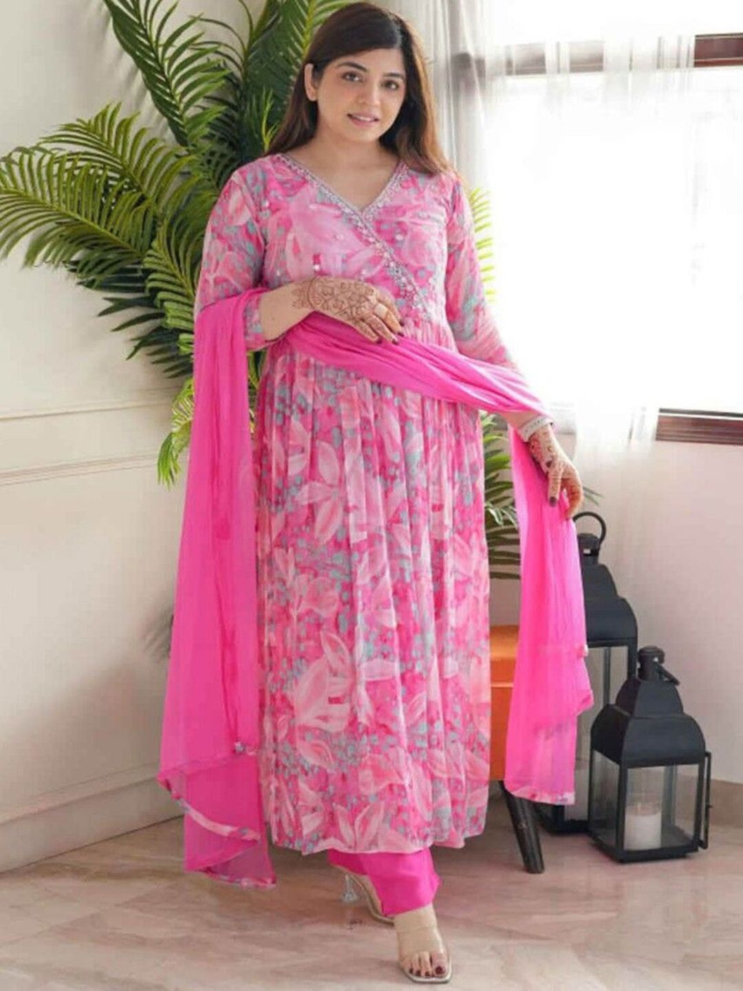 

SHIJILA Floral Printed V-Neck Angrakha Mirror Work Kurta With Trouser With Dupatta, Pink