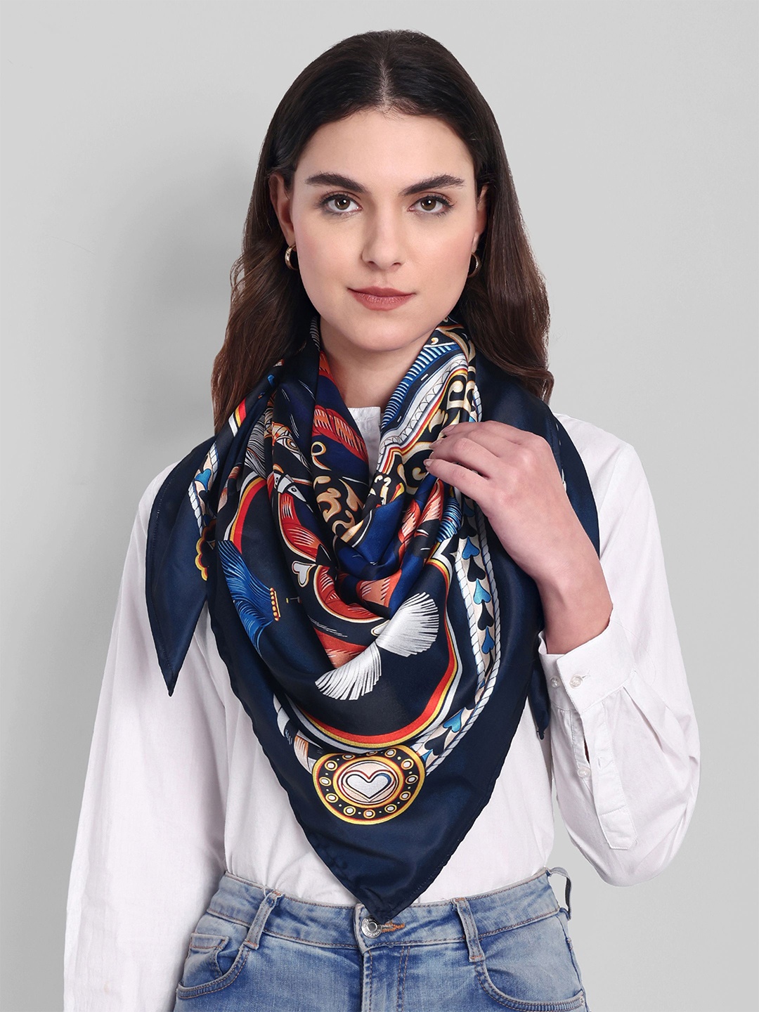 

Sarisp Women Satin Printed Scarf, Navy blue