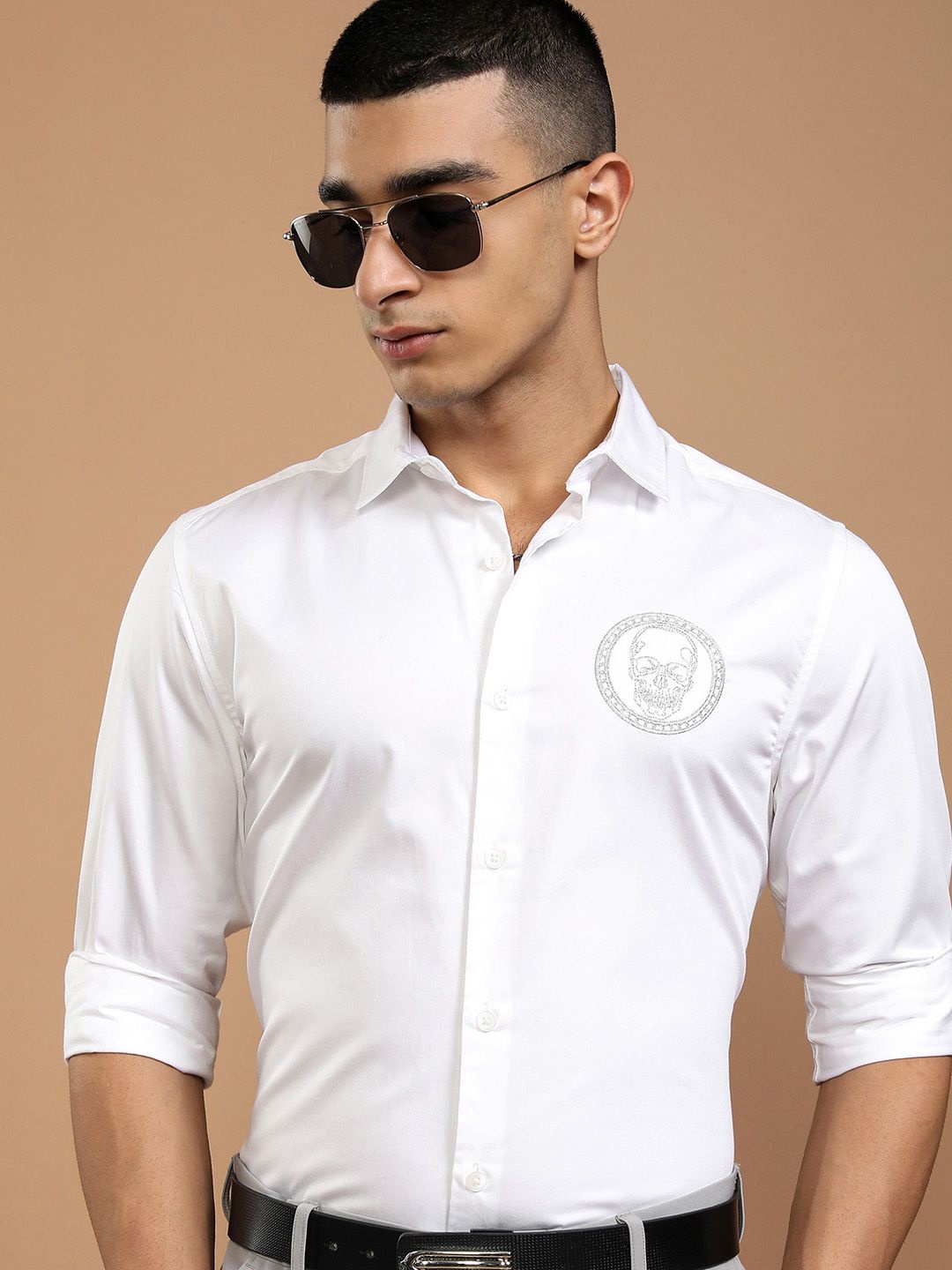 

KETCH Men Spread Collar Solid Cotton Slim Fit Casual Shirt, White
