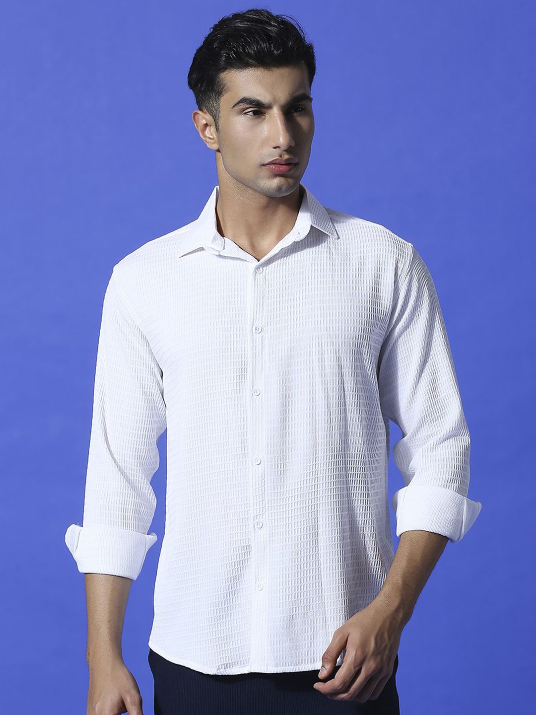 

HERE&NOW Men Spread Collar Textured Polycotton Casual Shirt, White