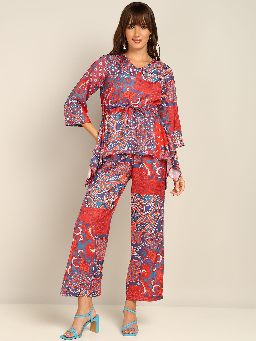 

DressBerry V-Neck Printed Top With Trousers, Red