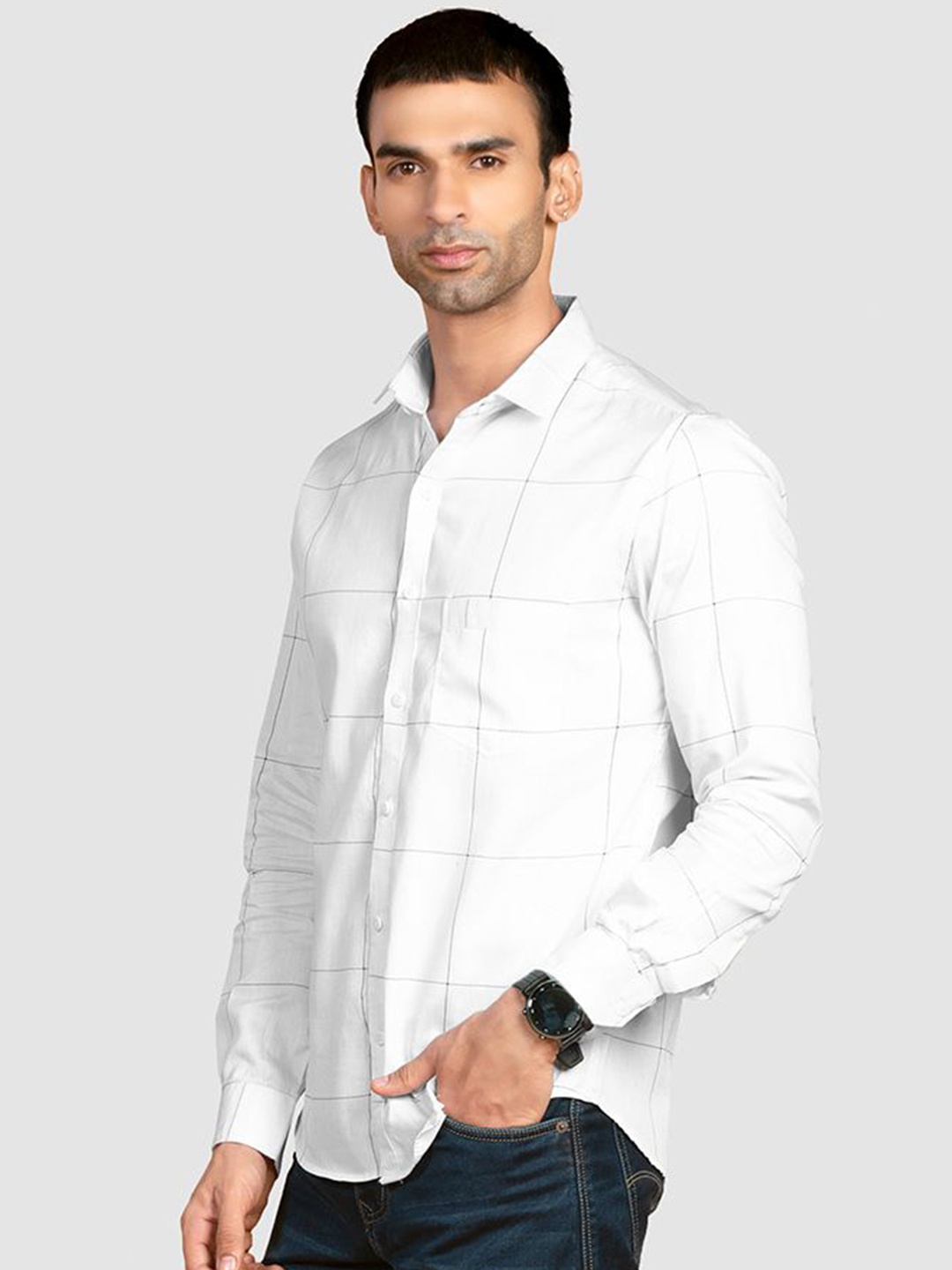 

Beyoung Men Spread Collar Windowpane Checked Cotton Relaxed Fit Casual Shirt, White