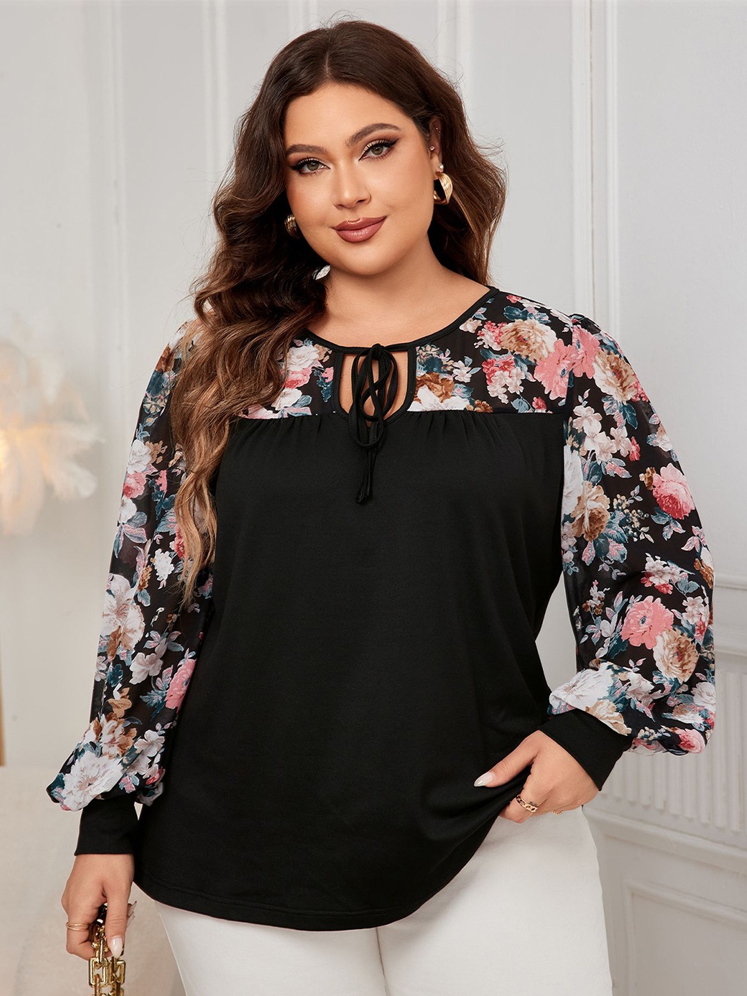 

StyleCast Curve Floral Colourblocked Bishop Sleeves Top, Black