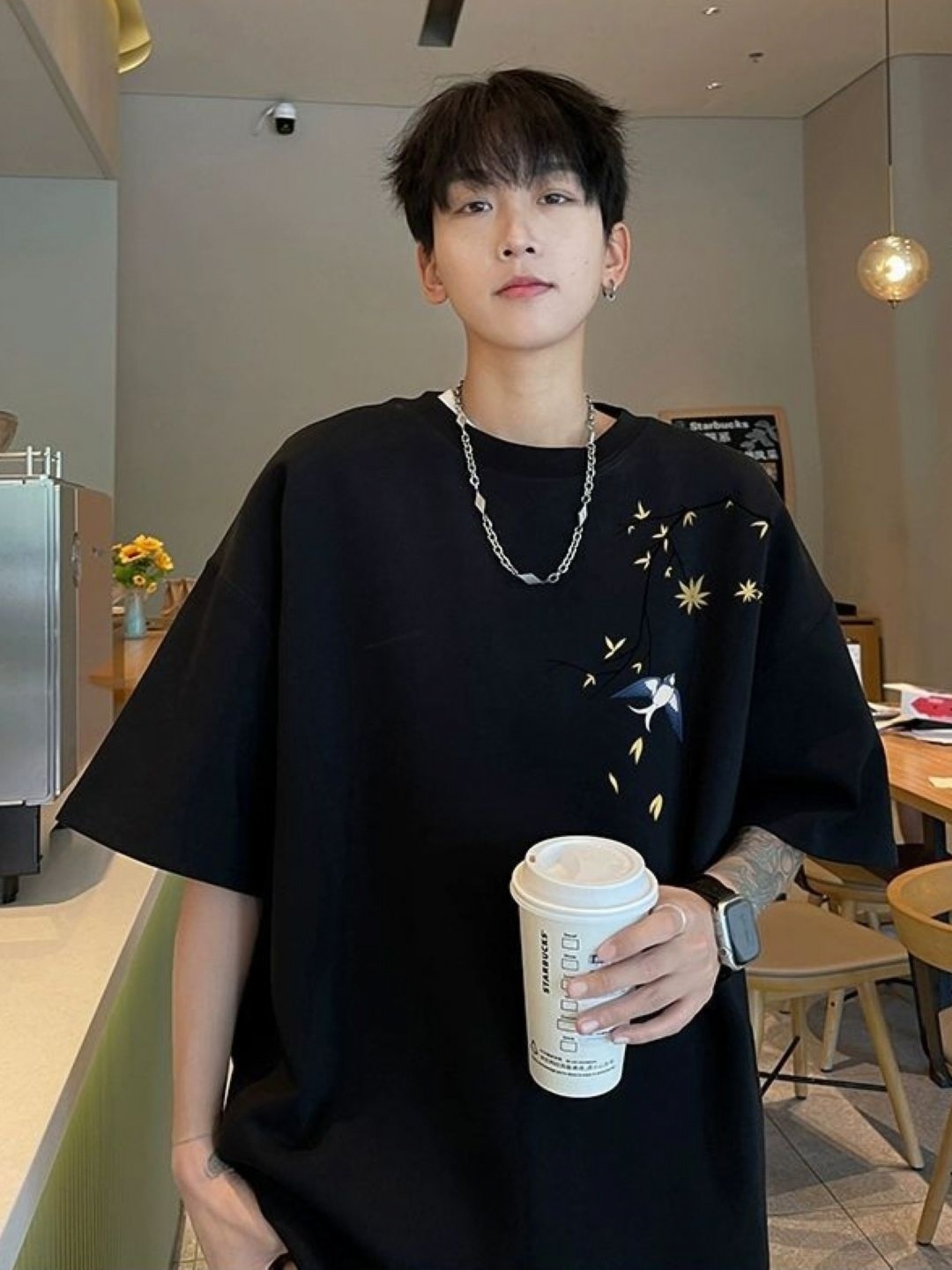 

HERE&NOW Men Floral Printed Round Neck Cotton Oversized T-shirt, Black