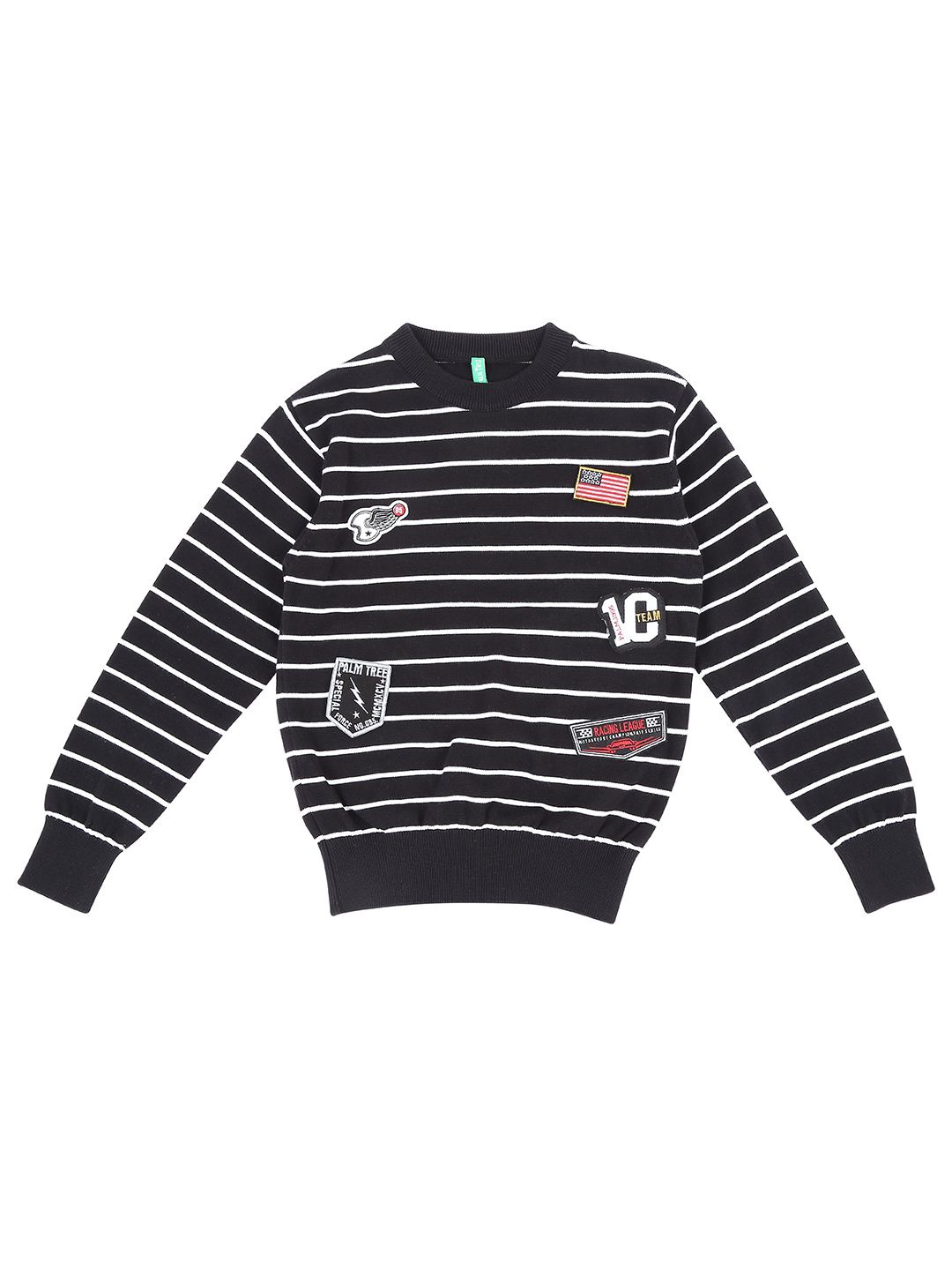 

Palm Tree Boys Striped Cotton Pullover with Applique Detail, Black