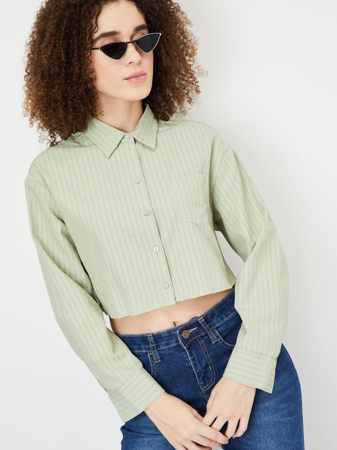 

max Women Spread Collar Vertical Striped Cotton Boxy Casual Shirt, Green