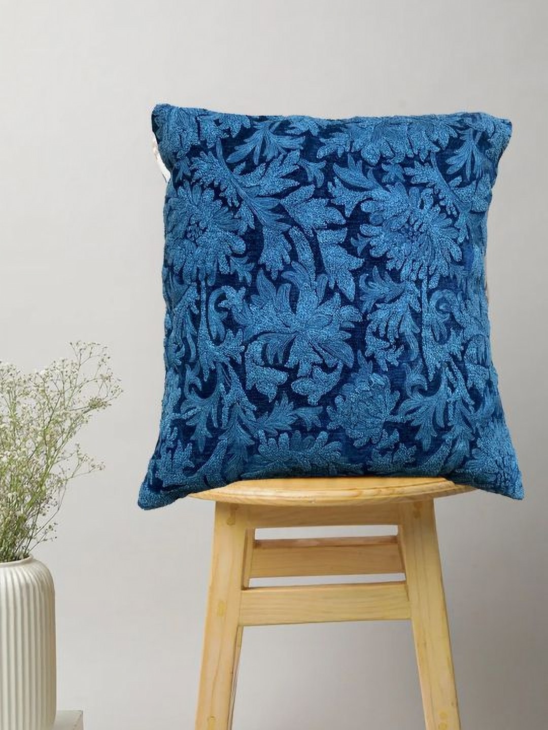 

SAJAVAT Navy Blue Floral Embroidered Pure Cotton Square Cushion Cover