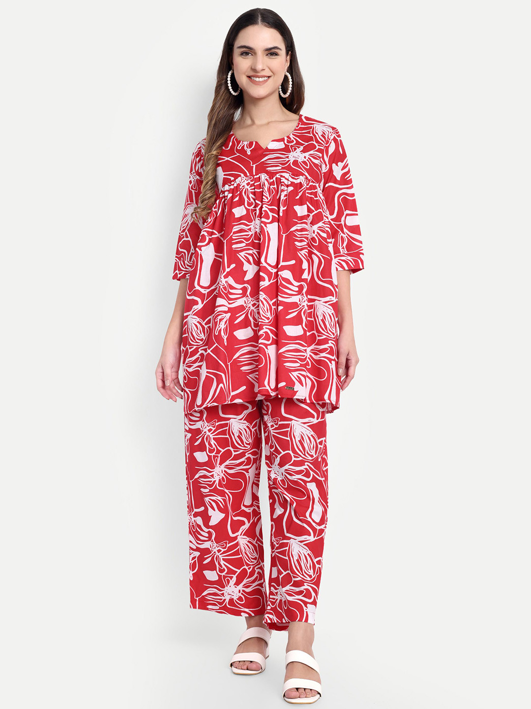 

GAB Women Printed Pure Cotton Co-Ord Set, Red