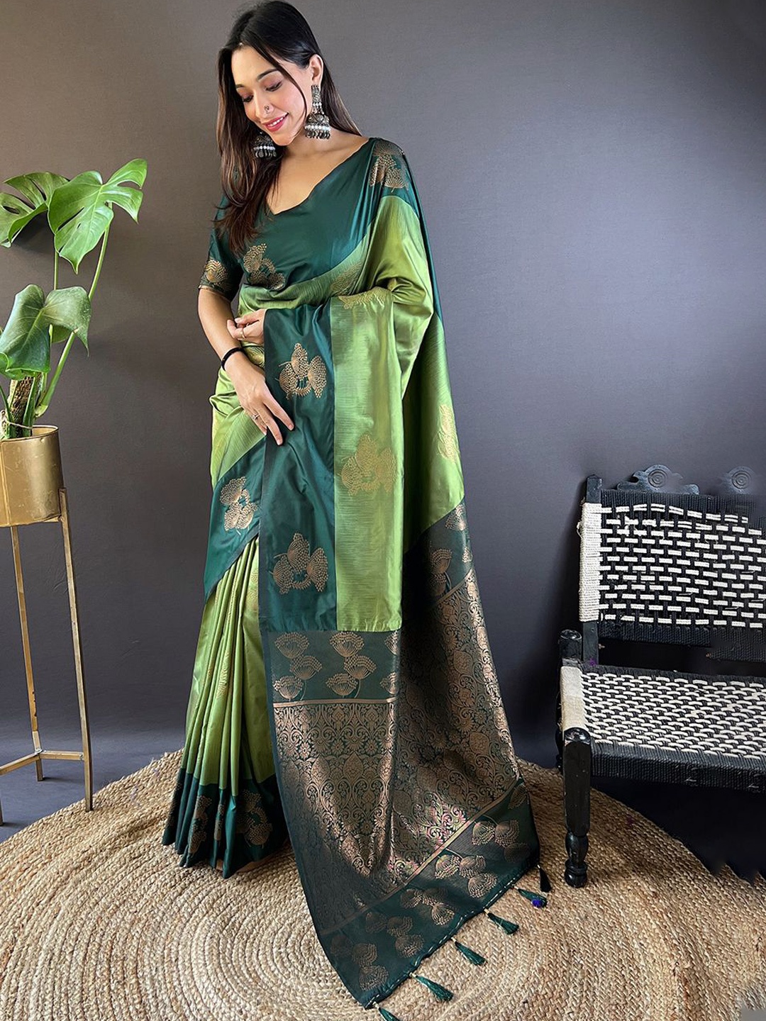 

Mitera Woven Design Zari Tussar Saree, Green