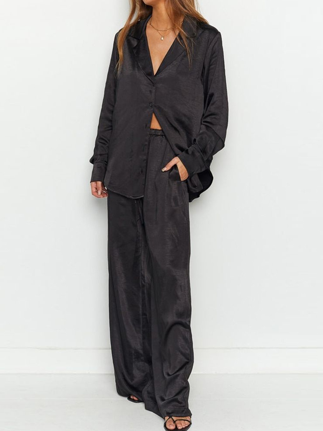 

LULU & SKY Women Lapel Collar Shirt With Wide Trousers Co-Ords, Black