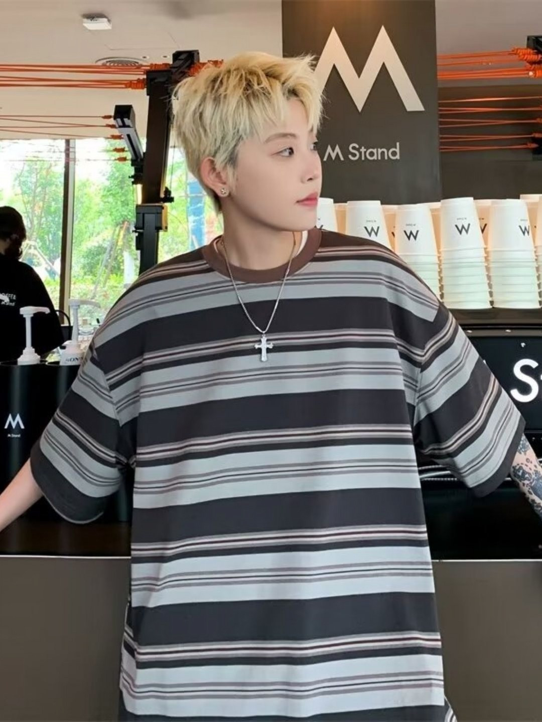 

HERE&NOW Men Striped Round Neck Cotton Oversized T-shirt, Grey