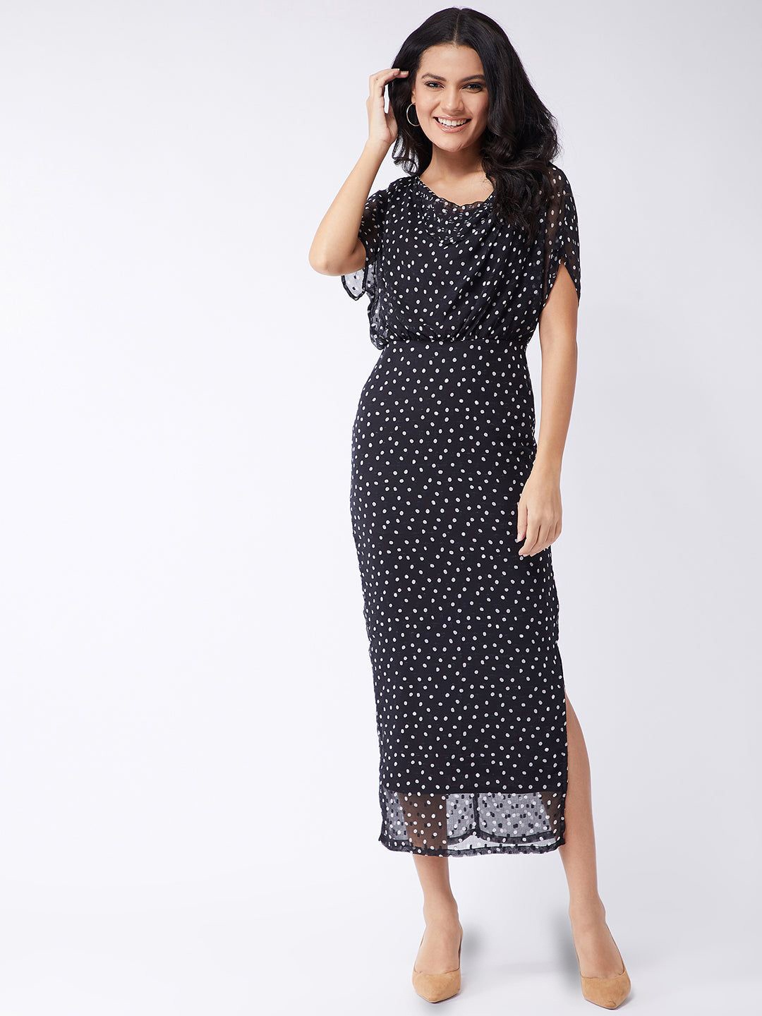 

Zima Leto Women Polka Dots Printed Sheath Midi Dress, Black