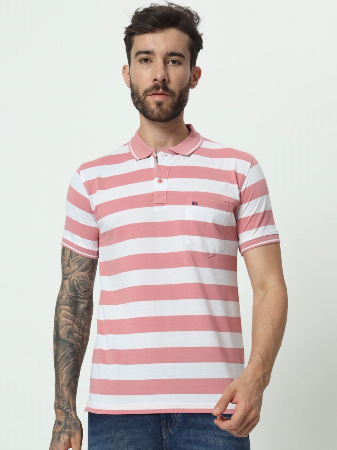 

TAB91 Men Striped Polo Collar Cotton T-shirt, Pink