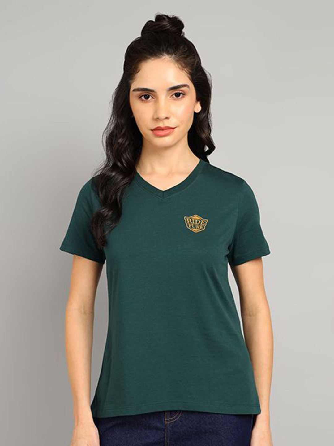 

Royal Enfield Women Graphic Printed V-Neck Cotton T-shirt, Green
