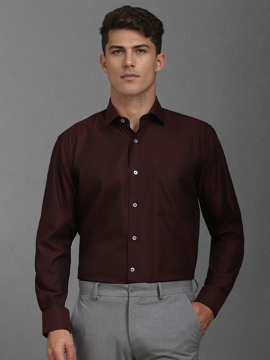 

Luxure by Louis Philippe Men Classic Spread Collar Micro Ditsy Printed Cotton Formal Shirt, Maroon