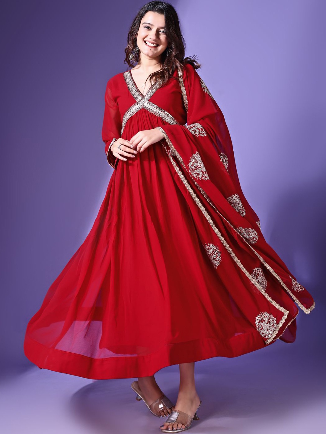 

YOYO Fashion V-Neck Thread Work Georgette Fit and Flare Ethnic Dress and Dupatta, Maroon