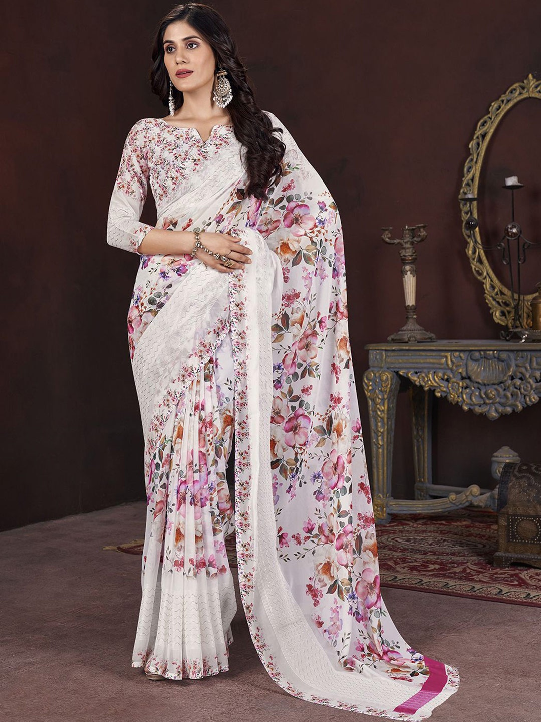 

Mitera Floral Printed Pure Georgette Saree, White