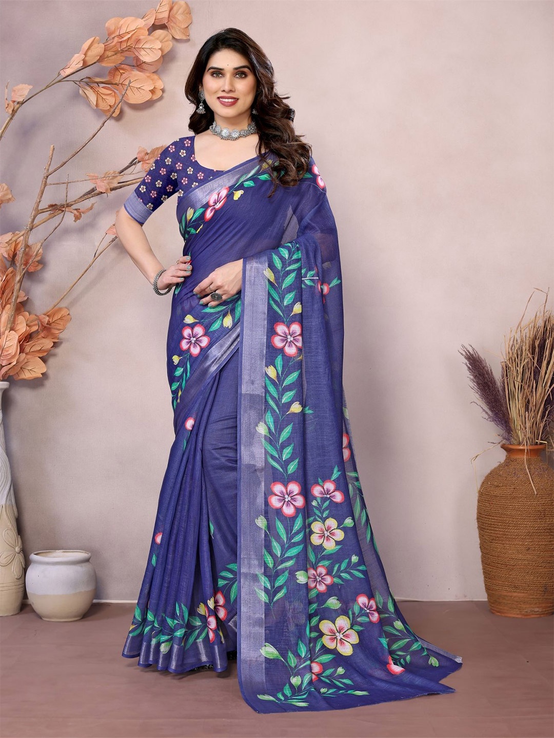 

vj fashion Floral Zari Linen Blend Saree, Blue