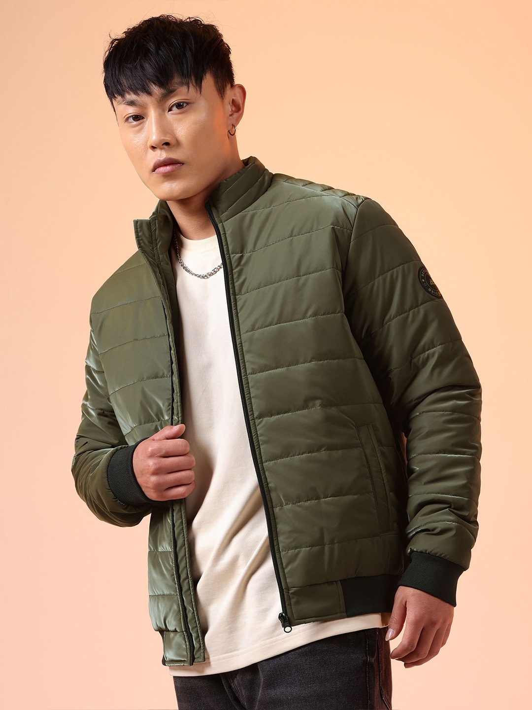 

Beyoung Men Mock Collar Solid Casual Padded Jacket, Olive