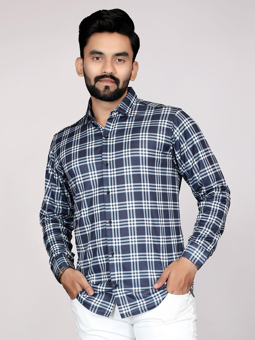 

STI Men Spread Collar Tartan Checked Casual Shirt, Teal