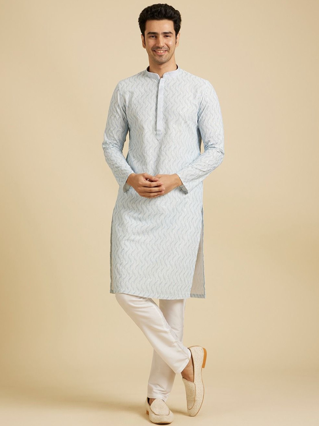 

Manyavar Mandarin Collar Chevron Embroidered Sequinned Pure Cotton Kurta with Pyjama, Blue