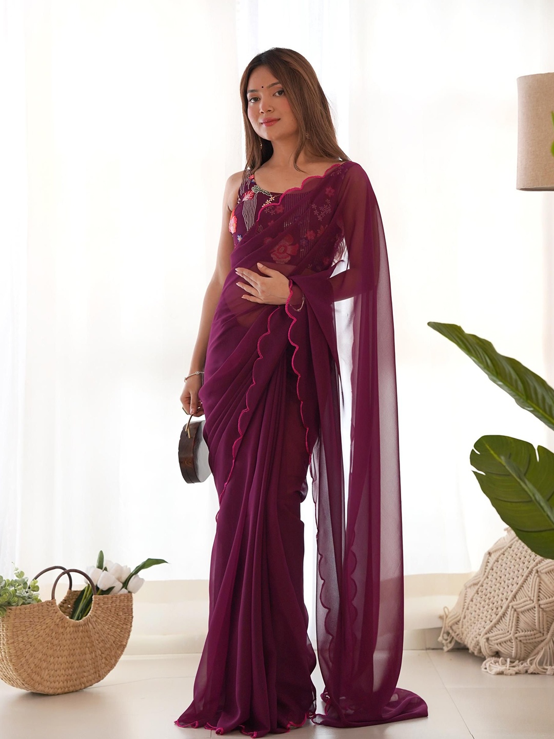 

Mitera Embroidered Borders Pure Georgette Saree, Burgundy