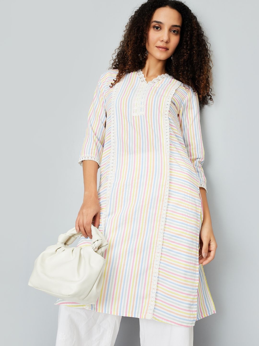 

max Striped Printed V-Neck Regular Cotton Straight Kurta, Multi