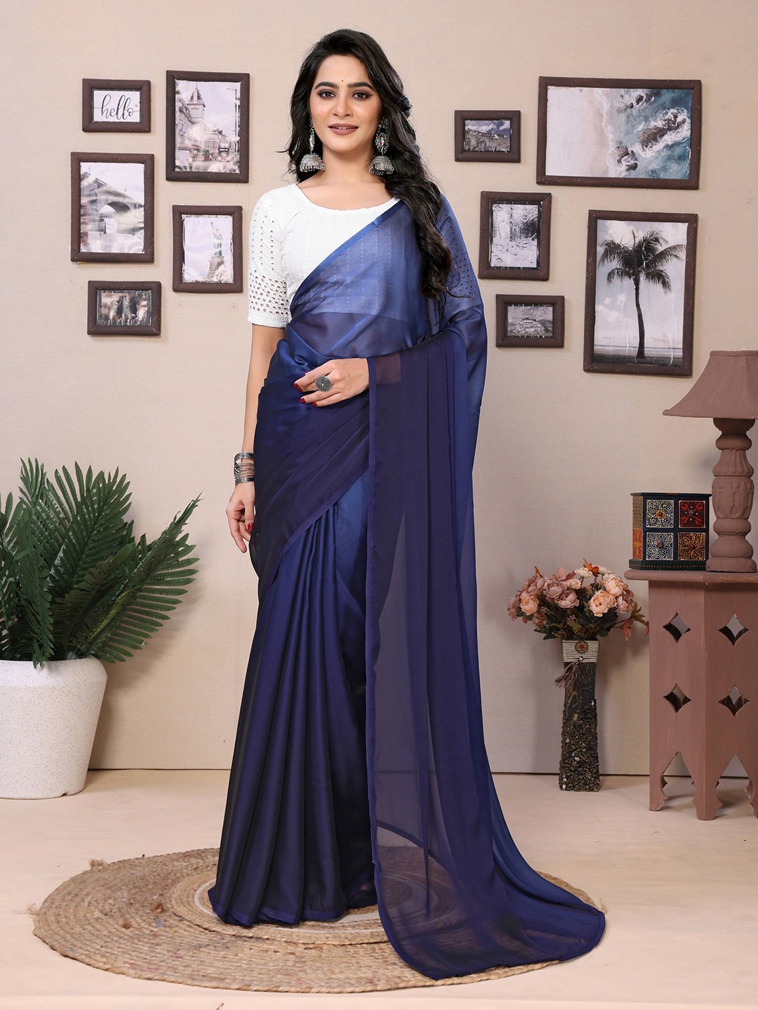 

LeeliPeeri Designer Ombre Satin Ready to Wear Saree, Navy blue