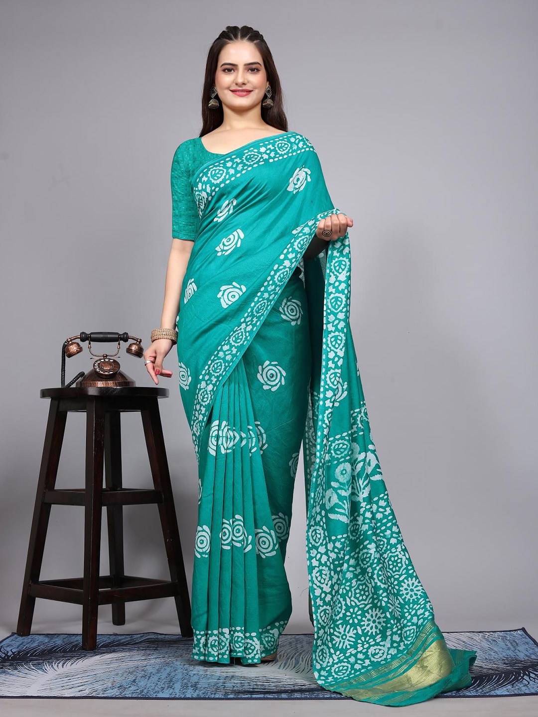 

Kalista Floral Printed Chanderi Saree, Green