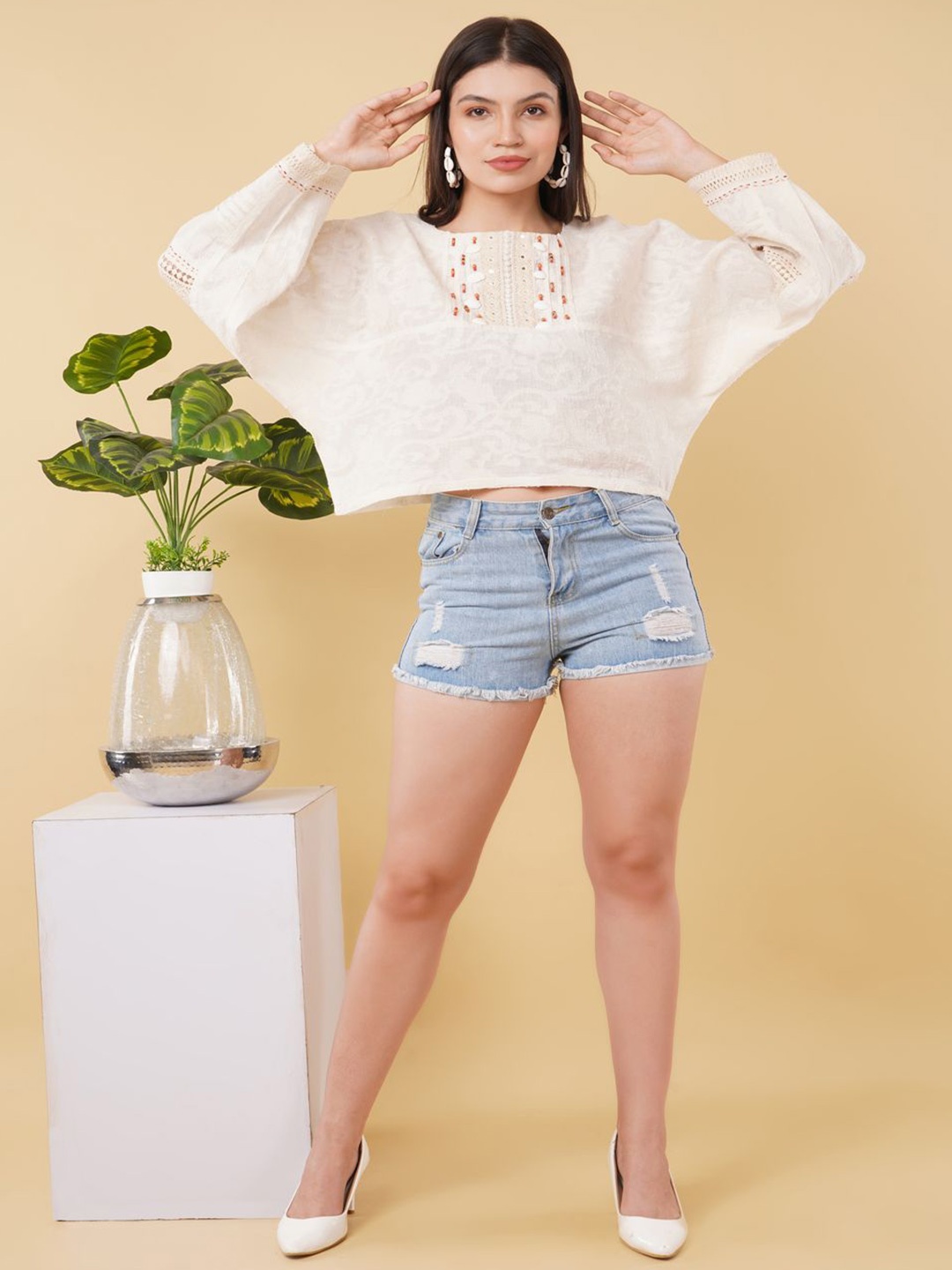 

Oskos Embroidered Cotton Top With Crossia Lace, Beige