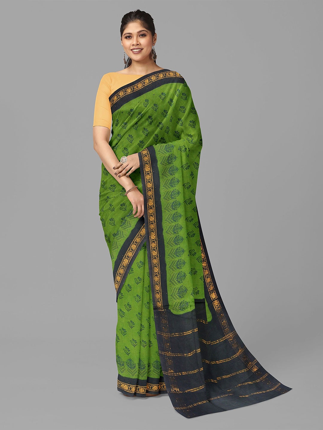 

The Chennai Silks Floral Printed Pure Cotton Fusion Sungudi Saree, Green