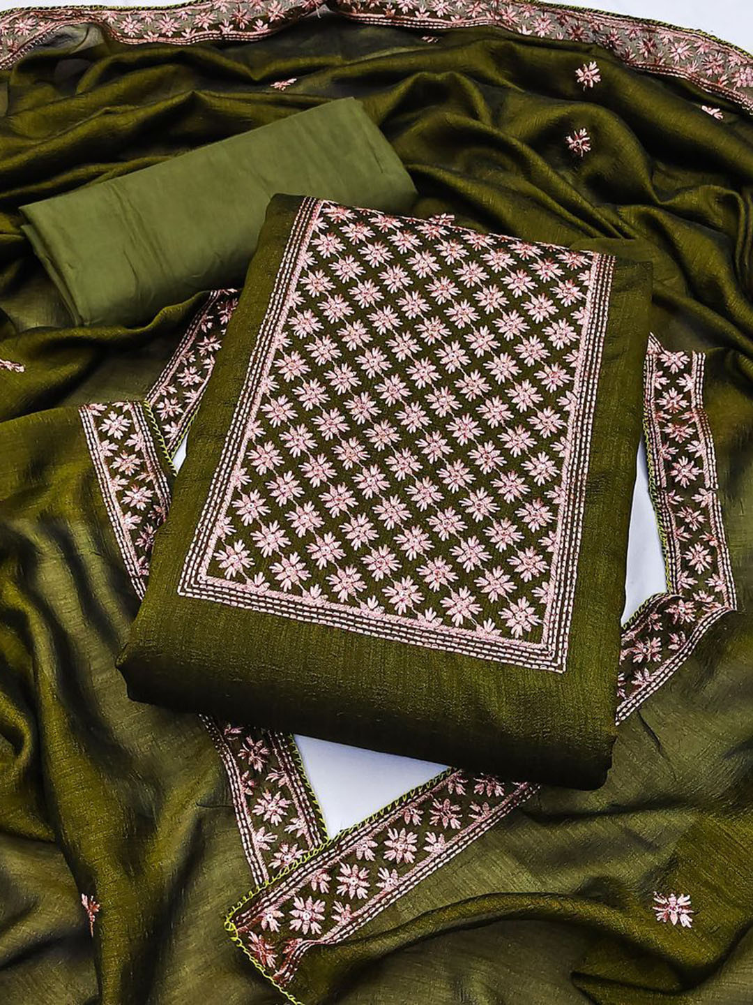

APNISHA Geometric Embroidered Pure Silk Unstitched Dress Material, Olive