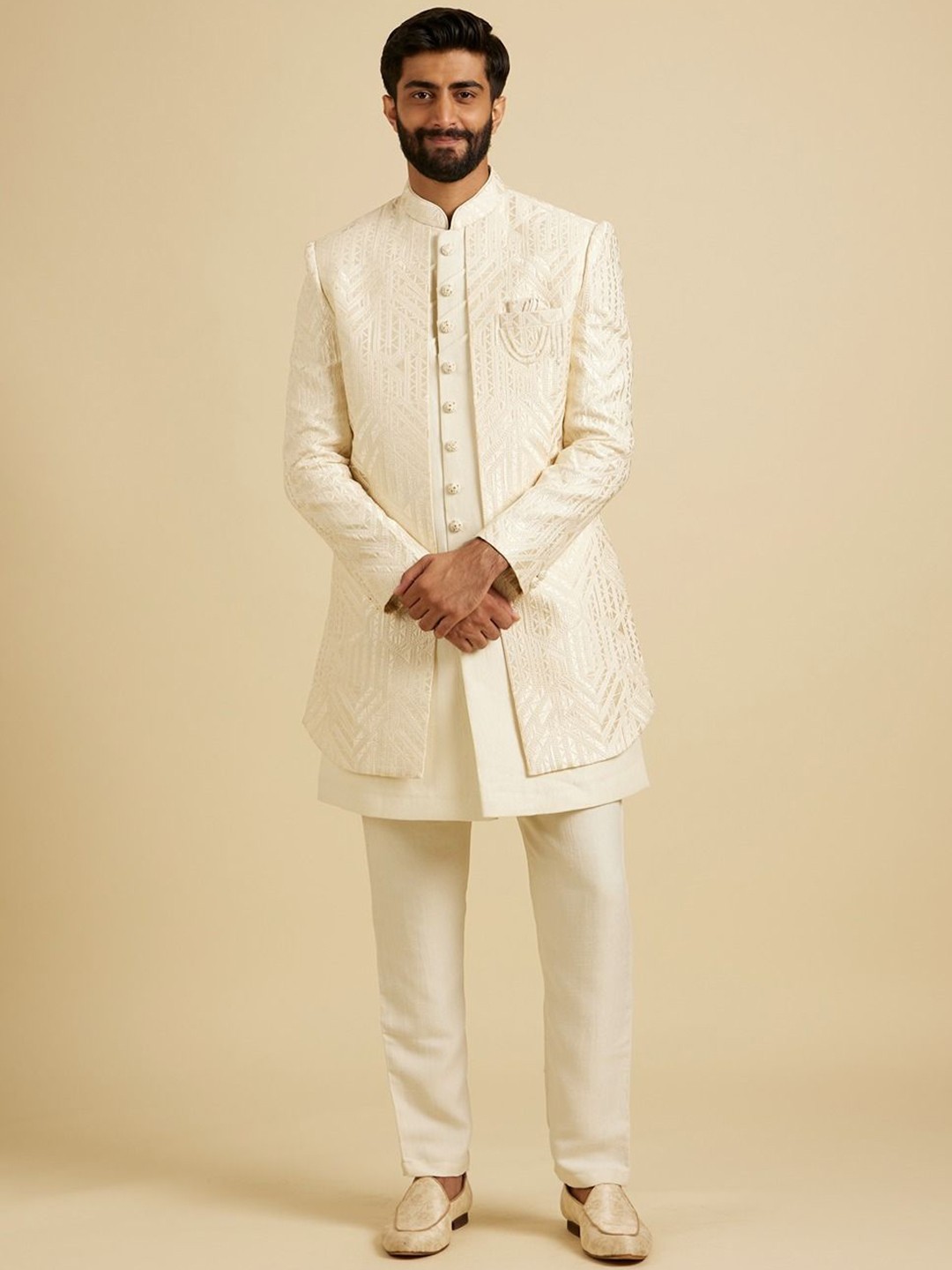 

Manyavar Men Embroidered Sherwani Set, Cream